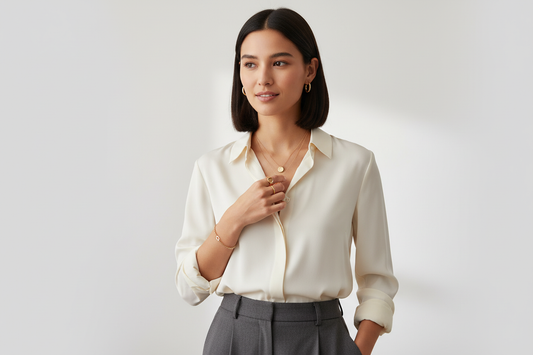 Chic minimalist jewelry styling tips with layered gold necklaces and classic hoop earrings for modern women