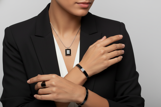 Elegant black enamel jewelry set featuring necklace, bracelet, and ring for modern women’s fashion inspiration